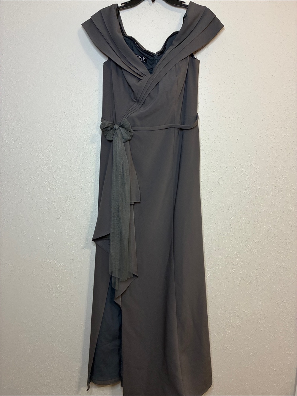 MGNY Charcoal Gray Draped Evening Gown with Waist Tie